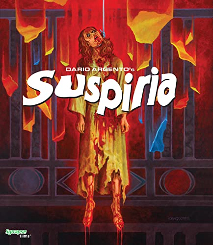 “Suspiria” Blu-ray cover: a distressed woman in a red and black space.