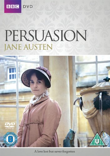 DVD cover for "Persuasion" featuring a woman in a pink dress and hat indoors.