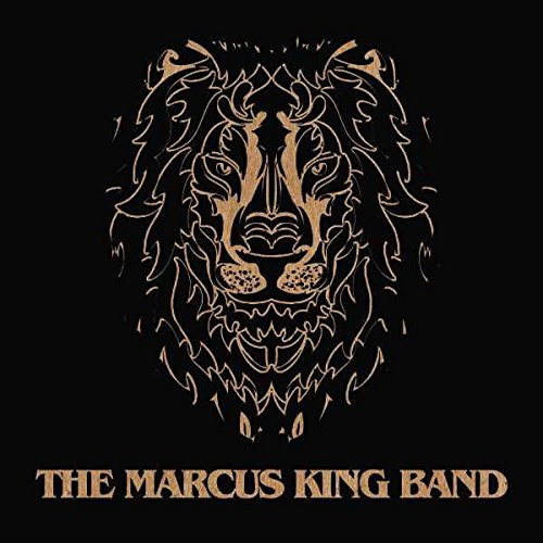Gold line art of a lion's head on a black background with band name.