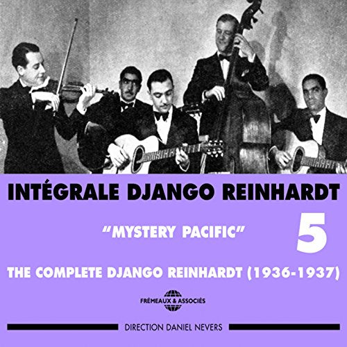 "Black and white photo of musicians on a purple album cover."