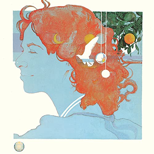 Carole King album cover: profile with red hair, bird, moon, and oranges.