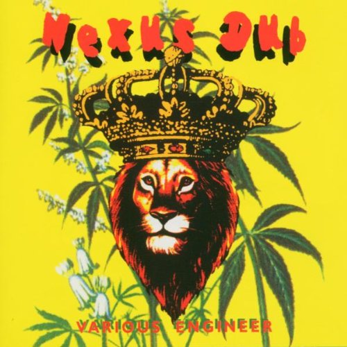 A lion's head wearing a crown, surrounded by cannabis plants on a yellow background.