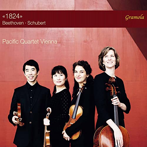String quartet Pacific Quartet Vienna pictured on a red and gold album cover.