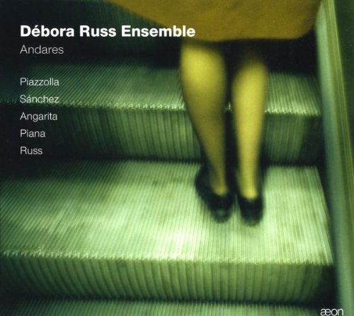"CD cover with a woman's legs walking down green stairs, text listing ensemble and artists."