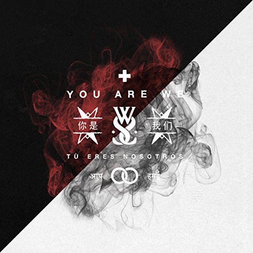 "Album cover with black and white diagonal split, red and grey smoke, and white text."