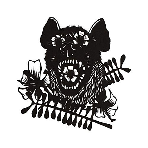 Black and white illustration of a hyena head surrounded by flowers and ferns.