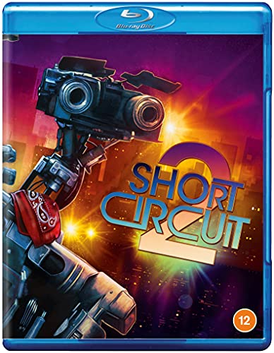 Blu-ray cover for "Short Circuit 2" featuring a robotic arm and city skyline.