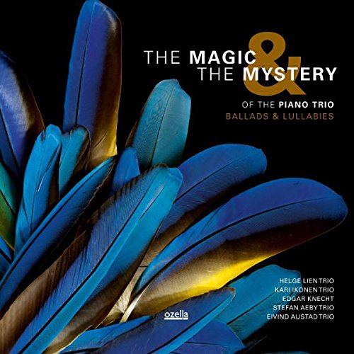 "Album cover with blue feathers and white and gold text on a black background."