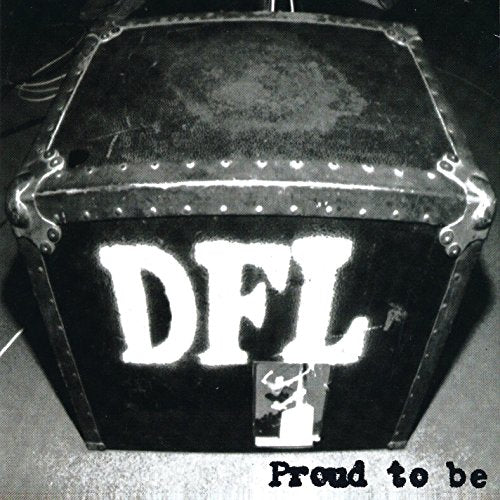 Black and white photo of a vintage trunk with “DFL” lettering.