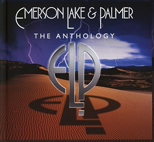 "CD cover with desert landscape, lightning, and 'ELP' initials, for Emerson, Lake & Palmer anthology."
