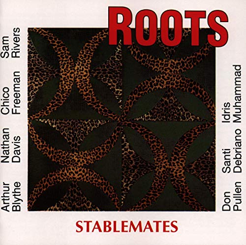 Album cover with red title "Roots" and leopard print design on a black background.