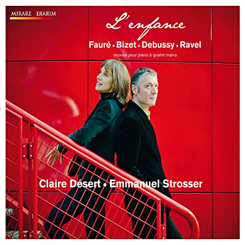 Red album cover featuring two people by a red staircase.