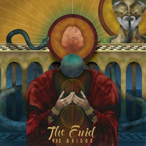"Album cover for 'The Enid - The Bridge' featuring surreal, symbolic artwork with a kneeling figure."