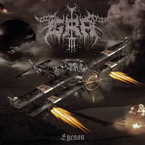 CD cover for “Lycaon” by Gra, featuring a biplane in a stormy sky.