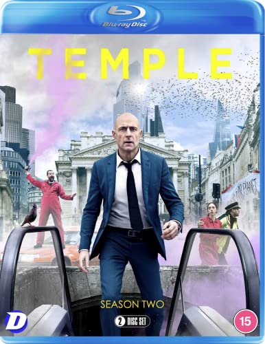 Temple" Season 2 Blu-ray cover featuring a man in a suit amidst city chaos.