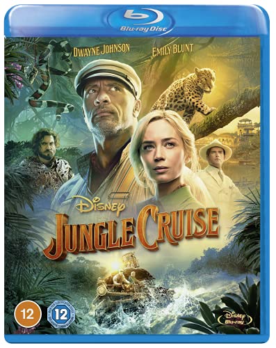 Disney's Jungle Cruise" Blu-ray cover featuring Dwayne Johnson and Emily Blunt.