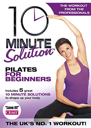 Pilates for Beginners DVD cover with a woman stretching, clock graphic.