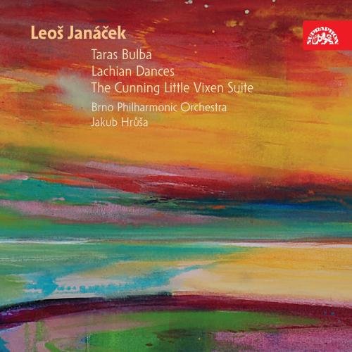 "Album cover with abstract colorful painting and white text listing musical compositions and artists."