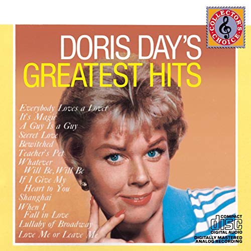 Doris Day’s “Greatest Hits” CD cover with her portrait and song list.