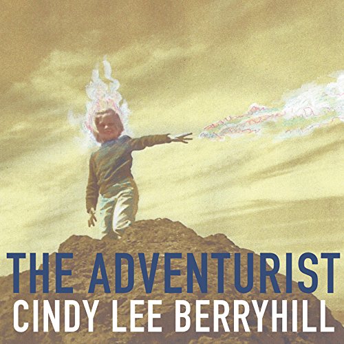 Album cover with a person on a rock, surrounded by flames, against a cloudy sky.