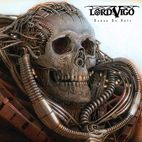 Cybernetic skull with integrated wires and metallic tubes on an album cover.