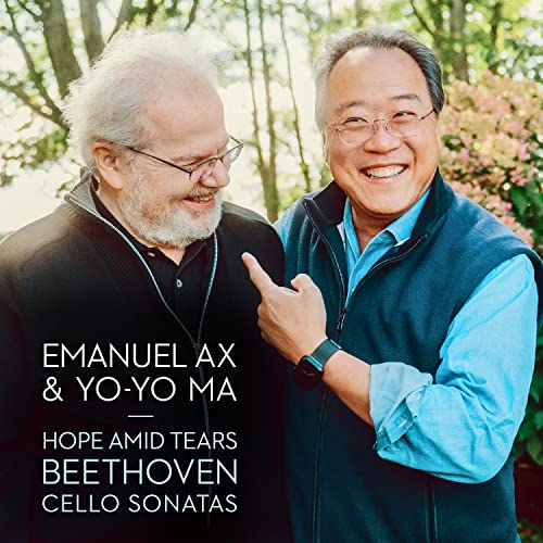 Emanuel Ax and Yo-Yo Ma smiling, album cover for Beethoven cello sonatas.