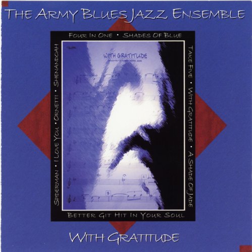 CD cover for “The Army Blues Jazz Ensemble” with abstract blue and red design.