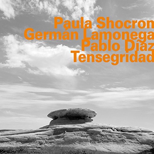 "Album cover with orange text on a black and white rocky landscape image."