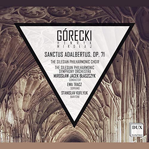 "Album cover with triangular overlay, featuring text on a cathedral background."