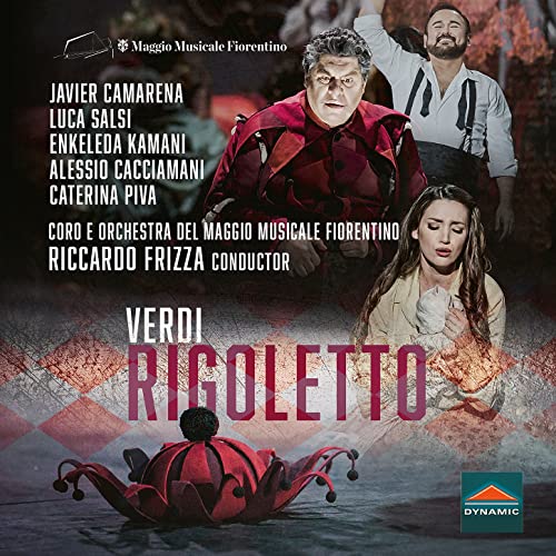 CD cover for Verdi’s Rigoletto featuring opera singers and a jester puppet.