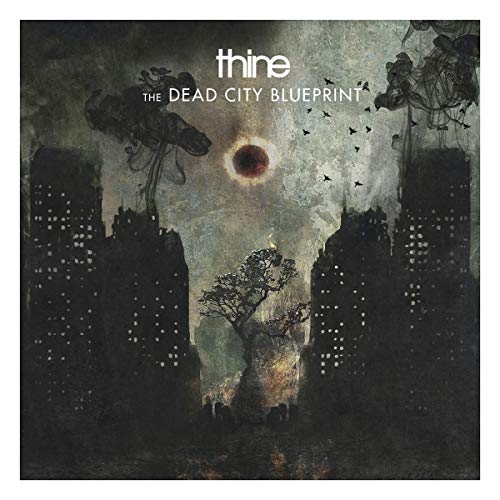 "Album cover with dark cityscape, tree, and ominous sky with birds and a dark sun."