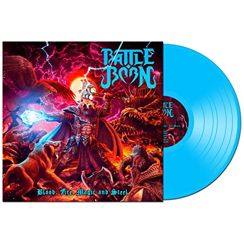 Fantasy album cover with armored warrior and blue vinyl record.
