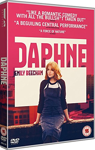 "DVD cover for 'Daphne' featuring Emily Beecham sitting on a rooftop ledge."