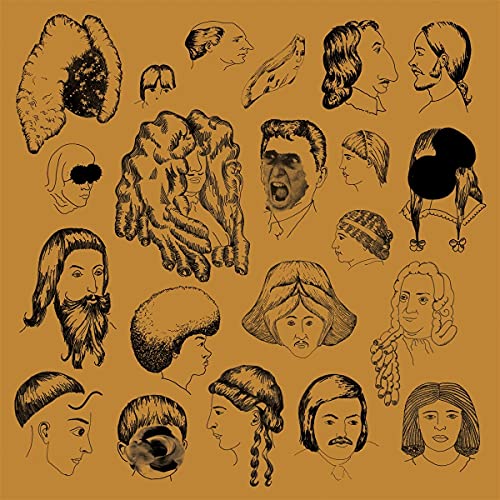 "Vinyl album cover with multiple head illustrations on a brown background."