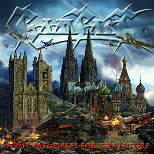 WWII album cover with tanks, planes, and European architecture in flames.