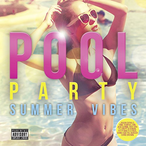 "Album cover with a woman in a bikini and sunglasses by a pool."