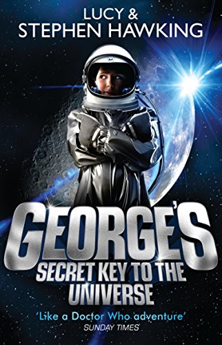 "Book cover with red background, silhouetted figures, and space elements, titled 'George's Secret Key to the Universe'."