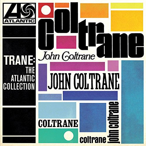"Album cover with colorful, multicolored squares and 'John Coltrane' text in various fonts."