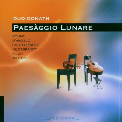 "CD cover featuring two chairs with a violin and cello, orange and blue background."