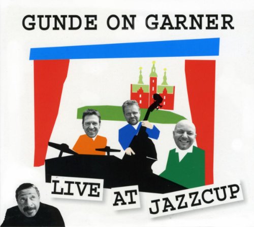 "Album cover with collage of four men, stage curtains, and castle."