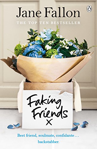 The image shows a book cover with a bouquet in a box. Alt text: Book cover with "Faking Friends" written on a gift box with flowers.