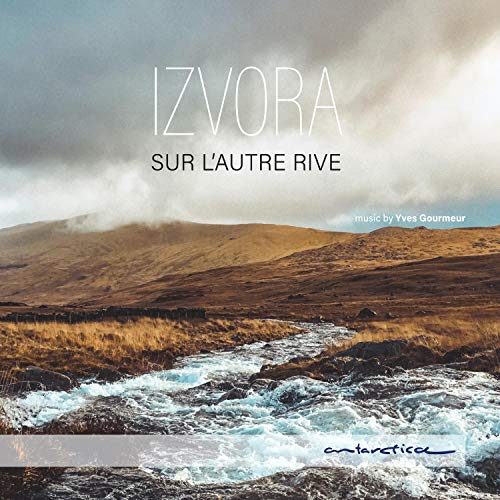 "Album cover featuring a river flowing through a rocky landscape under a cloudy sky."