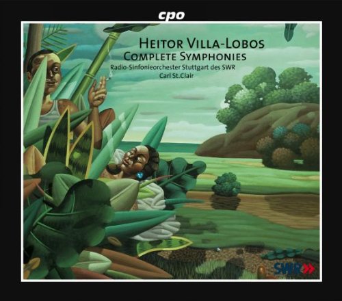 "CD cover art: tropical landscape with figures, 'Villa-Lobos: Complete Symphonies' in green text."