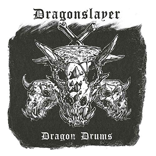 Black and white album cover with dragon skulls and crossed bones.
