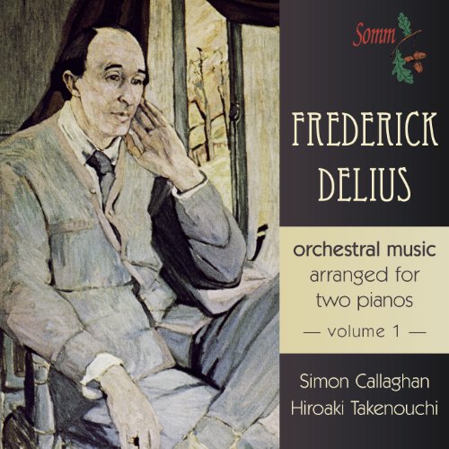 CD cover with portrait of man, text "Frederick Delius" and "orchestral music arranged for two pianos".