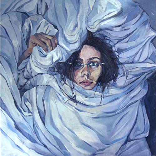 Painting of a woman with dark hair, eyes gazing up from under white fabric.