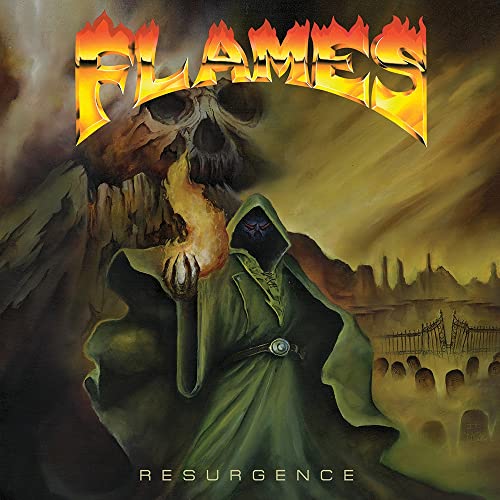 Album cover for "Flames - Resurgence" featuring a skull, hooded figure, and flames.