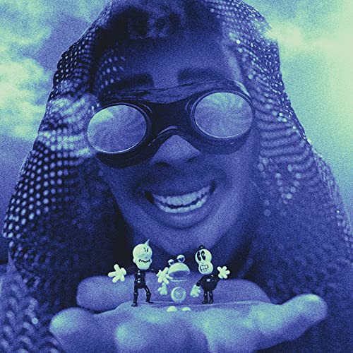 Blue-toned CD cover featuring a smiling person with goggles and small figures.