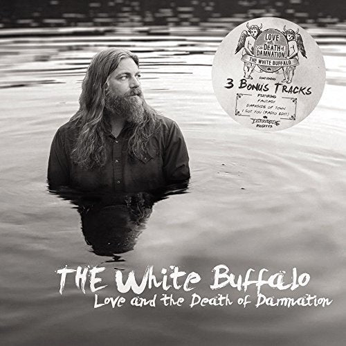Black and white album cover featuring a man standing in water with long hair.