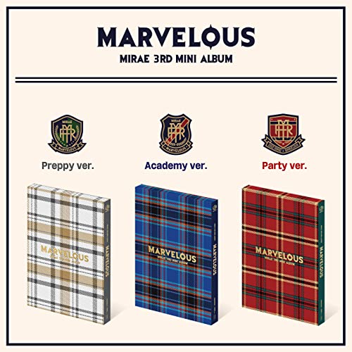 Mirae's "Marvelous" CD album cover with plaid and crest designs.